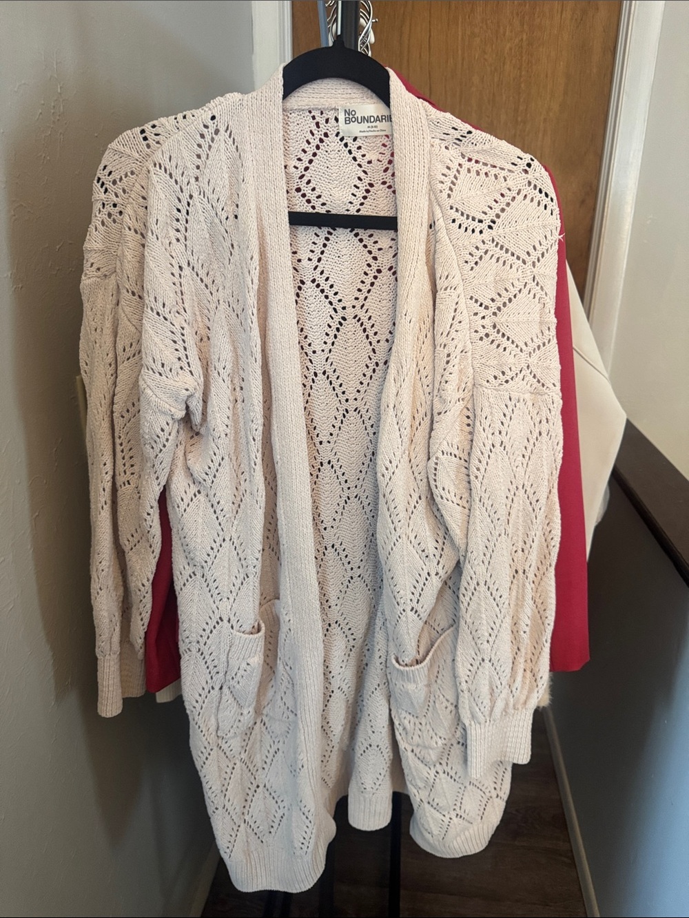 No Boundaries Cream Open-Front Eyelet Cardigan